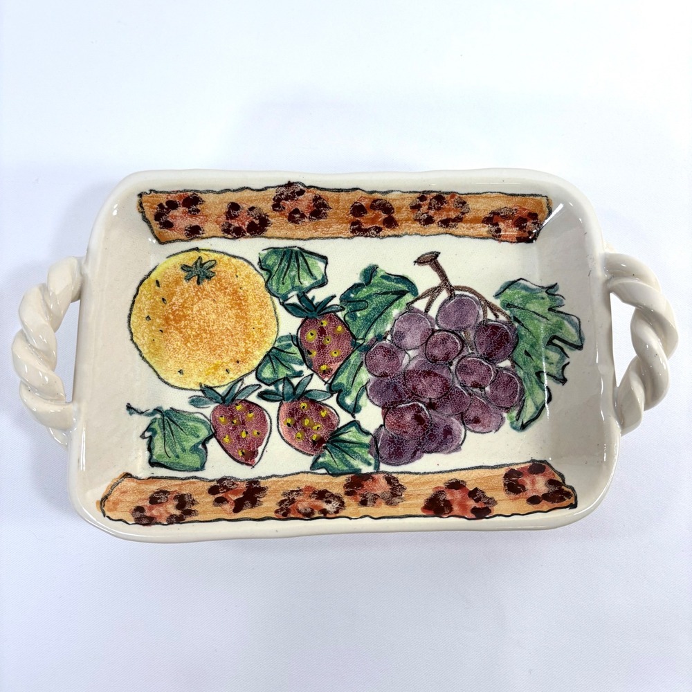 Monicats Art Pottery Ceramic Serving Tray Fruit Pattern Twisted Rope Handles
